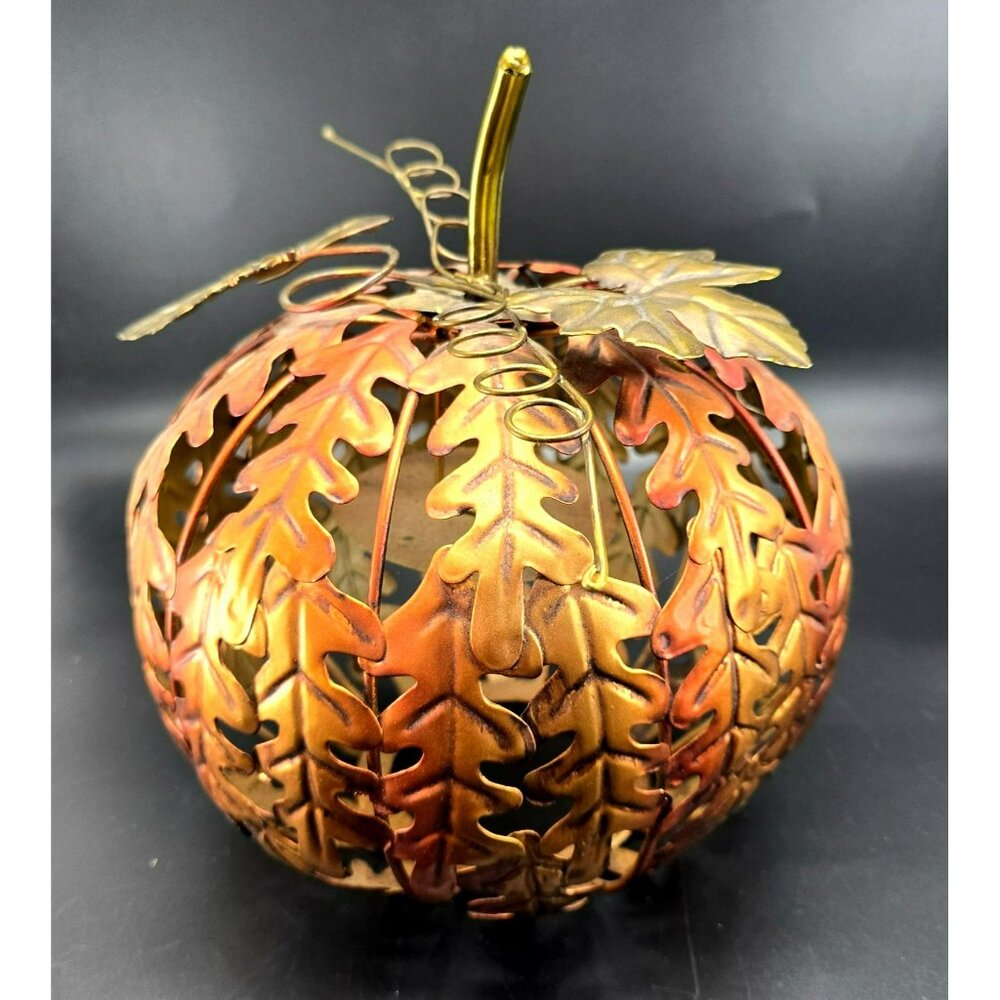 Metal Pumpkin Candle Holder With Leaf Design Autumn Decor Brown & Gold VL1802 - Picture 6 of 6